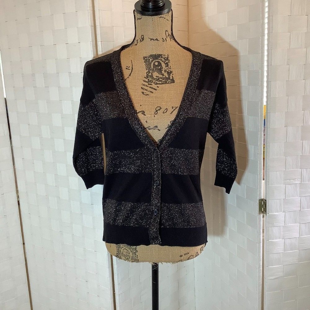 nue options black metallic striped cardigan sweater size small petite
